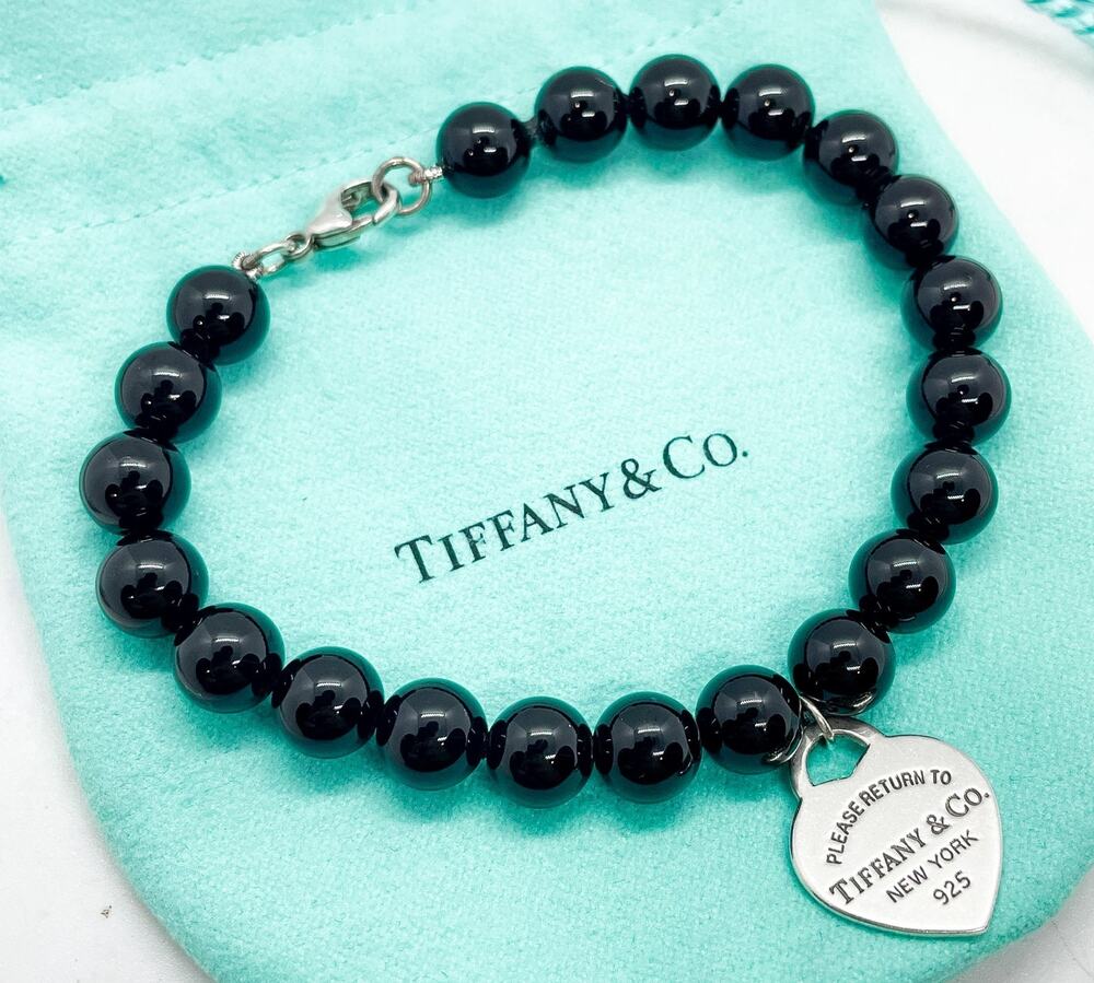 Tiffany & Co. Return Heart Charm 8mm Black Onyx Bead Bracelet 7.25" ENGRAVED